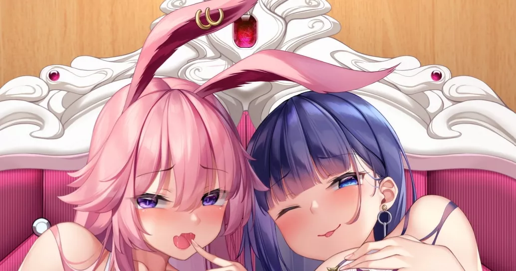 LF Color Source: 2girls, pink hair, bunny ears, blue hair, blue eyes, blushing, purple eyes, open mouth, sticking out tongue, winking, hand on breast, earing, saliva, eyebrows, furniture, gemstones