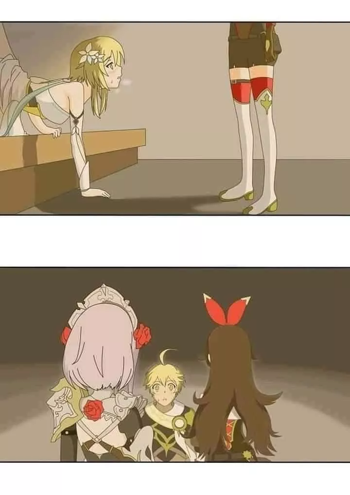 LF Color Source: 3girls, 1boy, genshin impact, yosuga no sora, from behind, yellow/white/black hair, short/long hair, hair flower, thighhighs, detached sleeves. sweat drop, blush, blush, hair ornament,