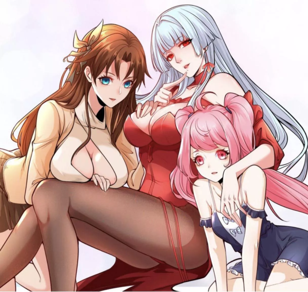 LF Color Source: 3girls, gray hair, pink hair, brown hair, long hair, big breasts, red eyes, pink eyes, blue eyes, flat chest, hugging