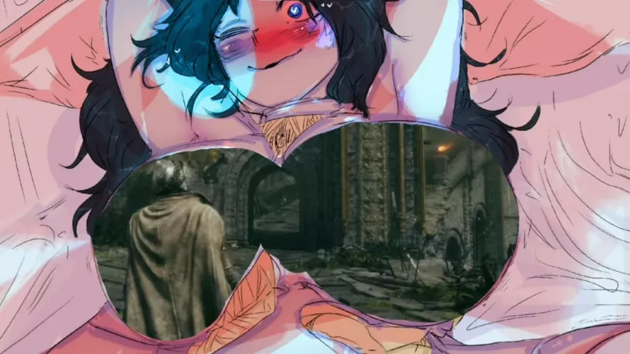 LF Color Source: Black Hair, Medium Hair, Large Breasts, Armpits, Elden Ring , Dark Souls (?) , Blushing, Unusual Pupils, Grabbing breasts