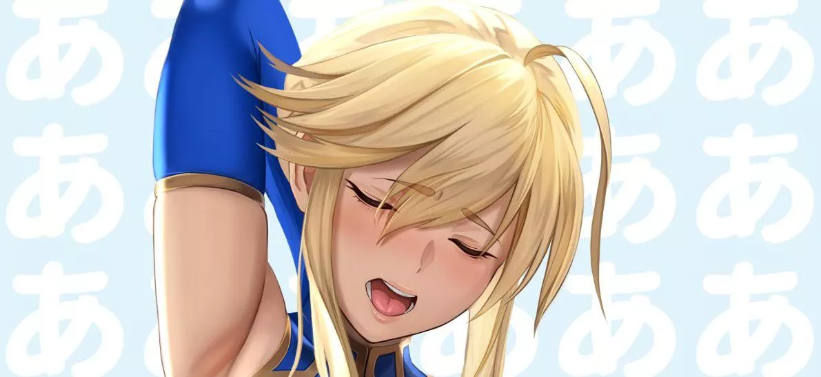 LF Color Source: Fate Series, Saber, Artoria Pendragon, Short Hair, Blonde, Armpits, Blushing, Mouth open, Closed eyes, Long gloves, Arm up, Moaning, Repeating Background text: “あ”
