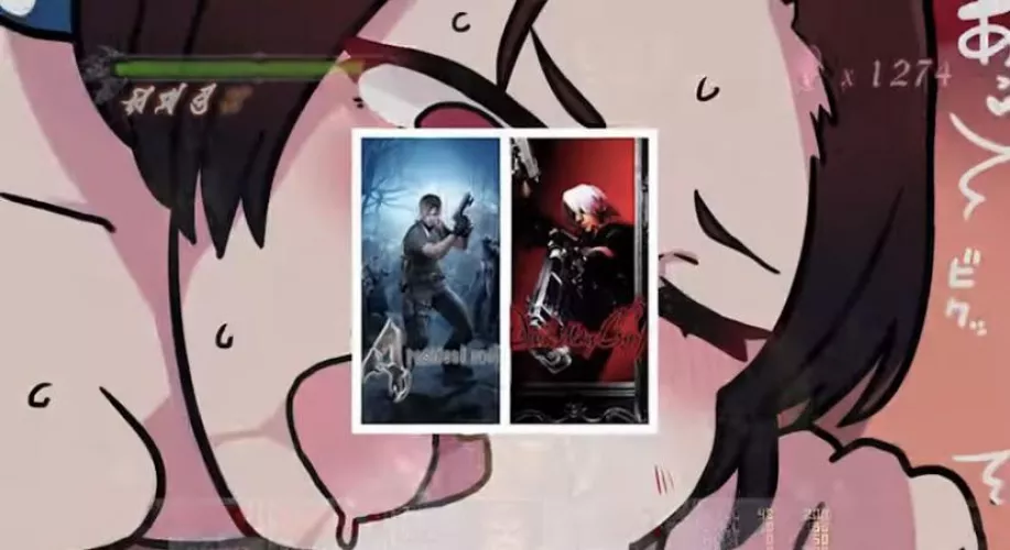 LF Color Source: foreign text, red eyes, black hair, salivating, sweating, blushing, devil may cry, eye closed