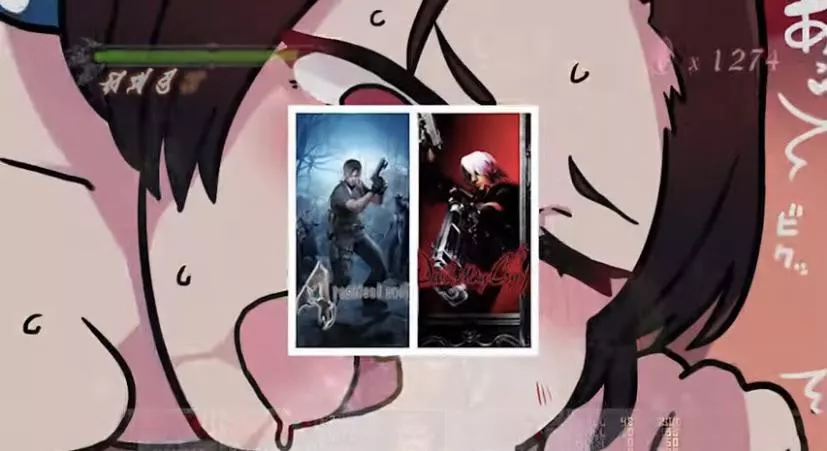 LF Color Source: foreign text, red eyes, black hair, salivating, sweating, blushing, devil may cry, eye closed