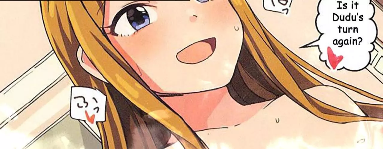 Lf color source: “is it dudu’s turn again?”, blushing, blonde hair, blue eyes, sweating, white skin, face zoom(?), no clothes(?)