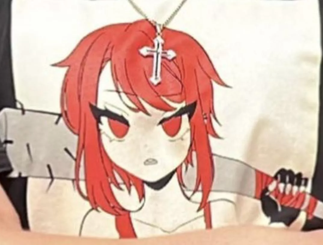 LF Color source: red hair, red eyes, red tank top, spiked bat, gloves, 1girl