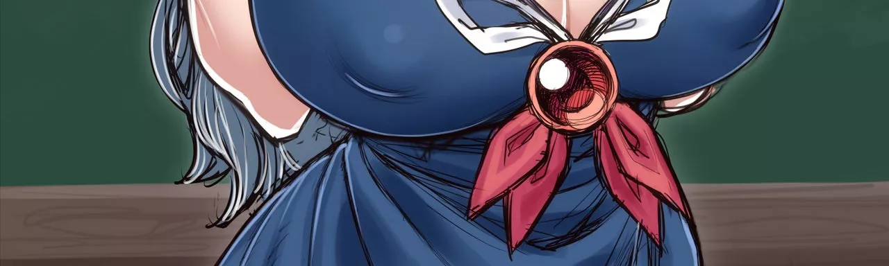 LF Color Source:huge_breasts long_hair blue_hair cleavage red_ribbon red_gem blue_dress erect_nipples_under_clothes 1girl