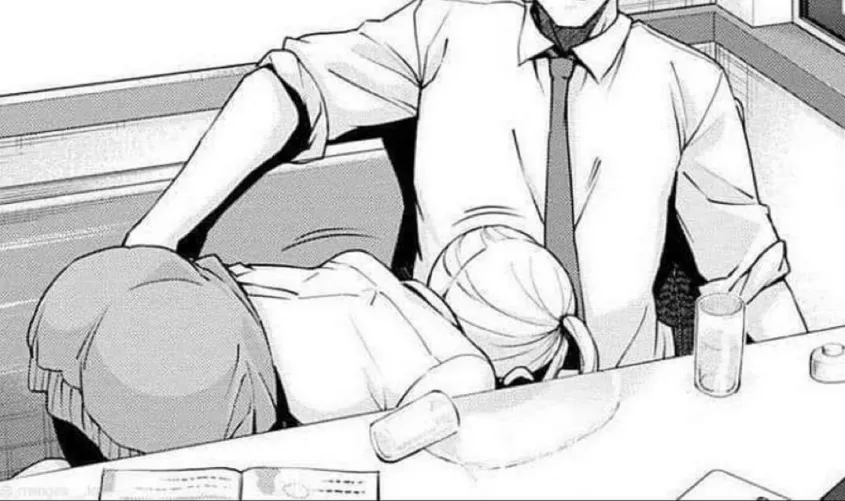 LF Mono Source: 1boy, 1girl, blonde, pigtails, clothed, implied sex, hidden sex, public sex, blowjob, skirt, no text, restaurant