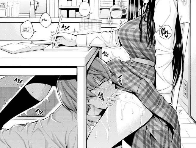LF Mono Source: 1boy, 1girl, under table, cunnilingus, eating pussy, distracted, upskirt, glasses, drool, long dark hair, “Ah…”, “Nn…”, “Just a little…”