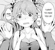 LF mono source: 1girl, 1boy, I want to mess you up” “Huh..? HUH..!?”, hair bows, pigtails, arms on chest, blushing, pinned down, wide eyes, big boobs