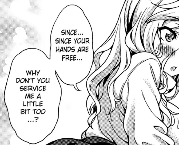 LF Mono Source: 1girl, blush, wavy hair, long sleeves, speech bubble,