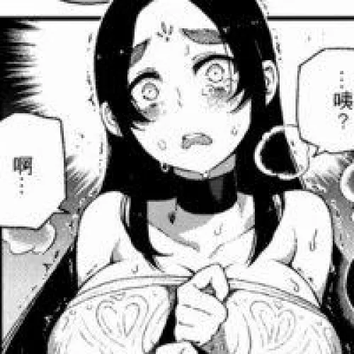 LF Mono Source: 1girl, chinese text, face focused, big breasts/large breasts, black hair, long hair, steam, blushing, looking at viewer, eyes open, mouth open, sweating, thick eyebrows. arm between breasts, choker, tear drop, crying, trembling, forehead