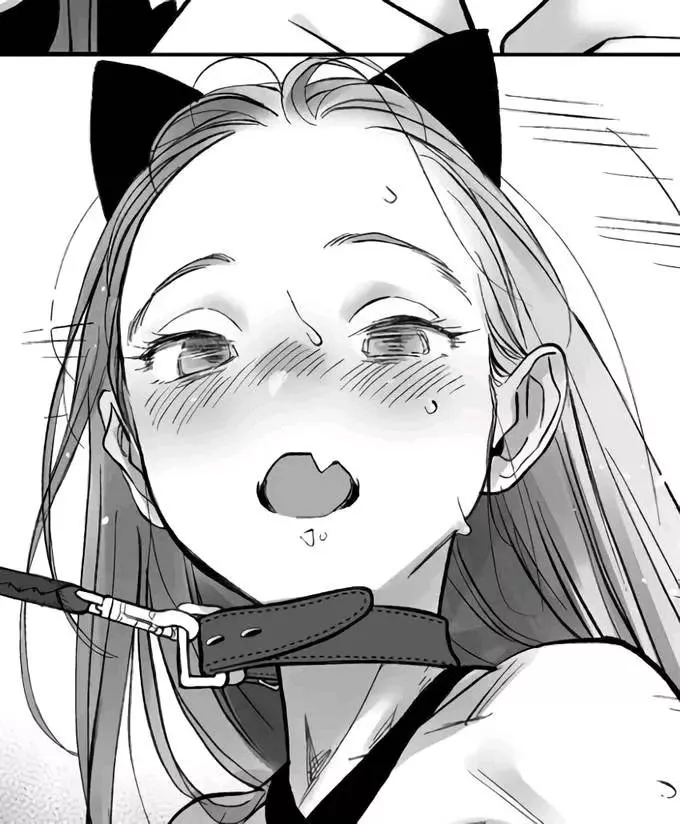 LF Mono Source: cat ears, blushing, fang, open mouth, light hair, collar, leash