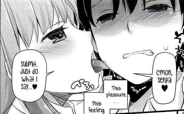 LF Mono Source: “C’mon, senpai. Submit, just do what I say…”, 1girl, 1boy, light hair, licking face, gentle femdom