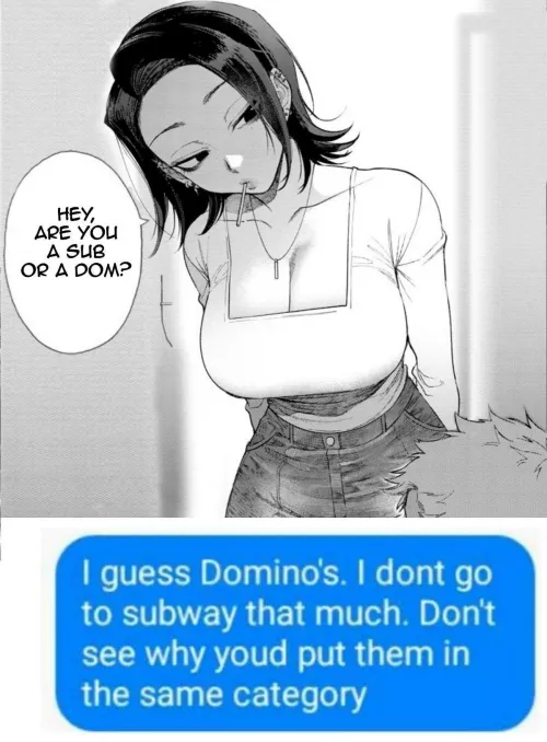 LF Mono Source: Hey, are you a sub or a dom? I guess Domino's. I dont go to subway that much. Don't see why youd put them in the same category, 1girl, 1boy, short hair, dark hair, piercings, earrings, large breasts, cleavage, white shirt, long sleeves,