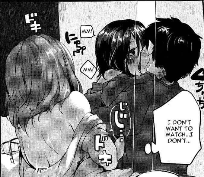 LF mono source: “I don’t want to watch... I don’t...”, “MM!” “MM!”, kissing, 2girl,1boy LF mono source: “I don’t want to watch... I don’t...”, “MM!” “MM!”, kissing, 2girl,1boy
