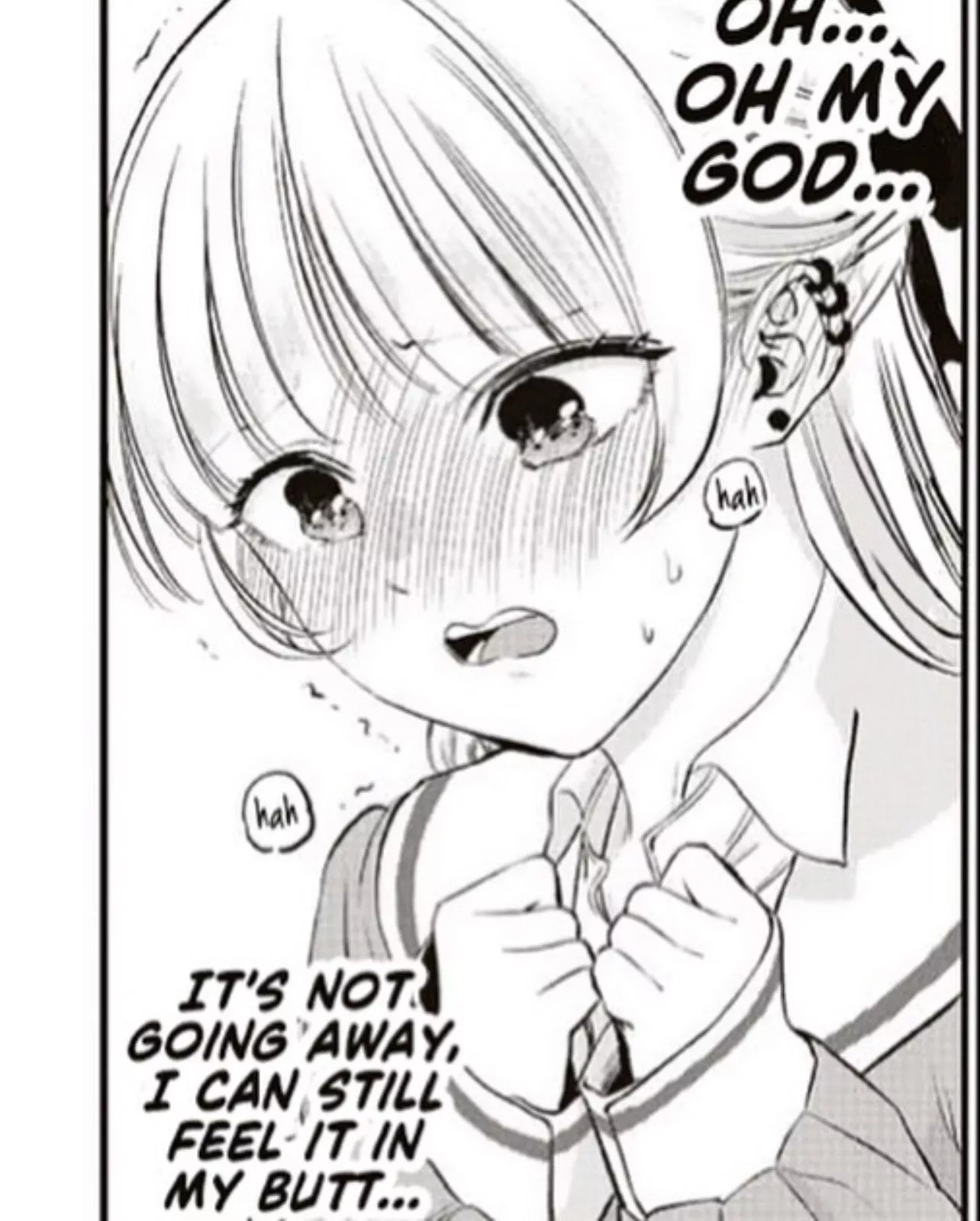 LF Mono Source: “OH… OH MY GOD…” “IT’S NOT GOING AWAY, I CAN STILL FEEL IT IN MY BUTT…” “hah” “hah” 1girl, blushing, light hair color, open mouth, hands together, school uniform, ear piercing, shaking