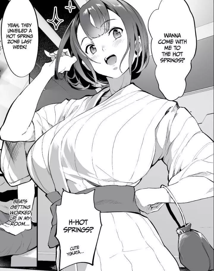 LF mono source : Short hair, bangs, Yukata, big boobs, “wanna come with me to the hotspring?”, “yeah, they unveiled a hot springzone last week!”, “h-hots spring? Yukata cute”, “beat getting worked up in my room”.