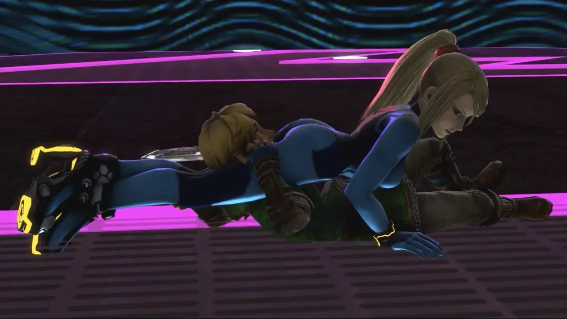 Link gets humiliated in the most embarrassing way by zero suit samus in her tight blue latex suit