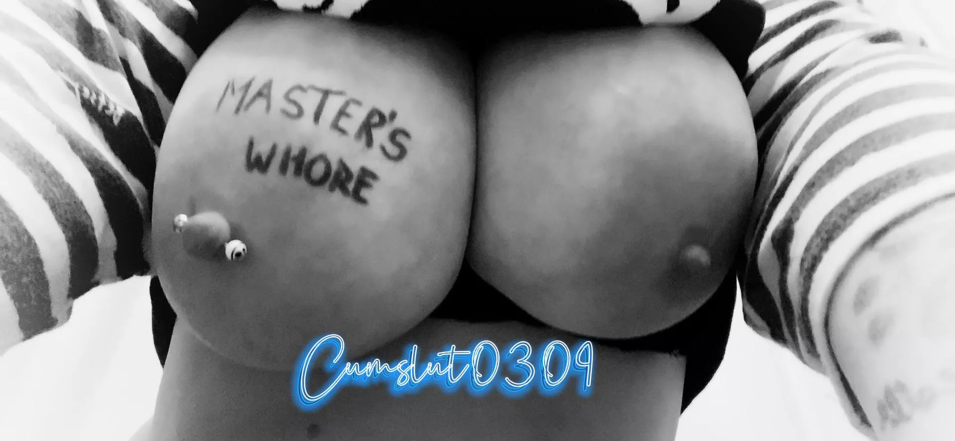 Master’s tits proudly tagged and displayed 💙🖤