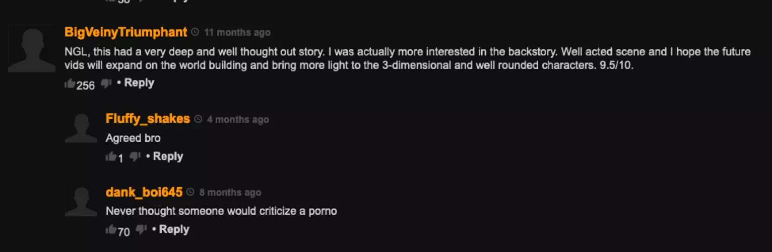 Men critiquing porn like it's fine wine