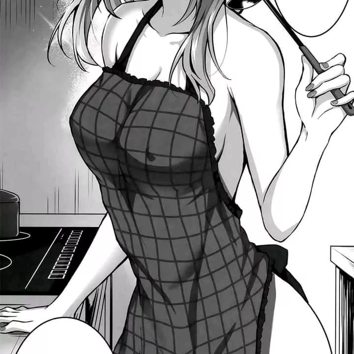 Mono: 1girl, solo, head out of frame, naked apron, plaid/checkered apron, covered nipples, erect nipples under clothes/clothing, bare shoulders, collarbone, holding ladle/object, speech bubble, short/medium hair, dark hair, kitchen, electric/induction st Mono: 1girl, solo, head out of frame, naked apron, plaid/checkered apron, covered nipples, erect nipples under clothes/clothing, bare shoulders, collarbone, holding ladle/object, speech bubble, short/medium hair, dark hair, kitchen, electric/induction st