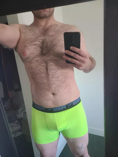 My most recent photo. Haven't trimmed my body hair in a little while. Also love the colour of these boxers.