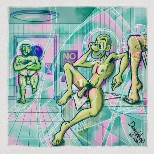 “No Cruising in the Steam Room” \\ Original art by me: Sandy Devastation