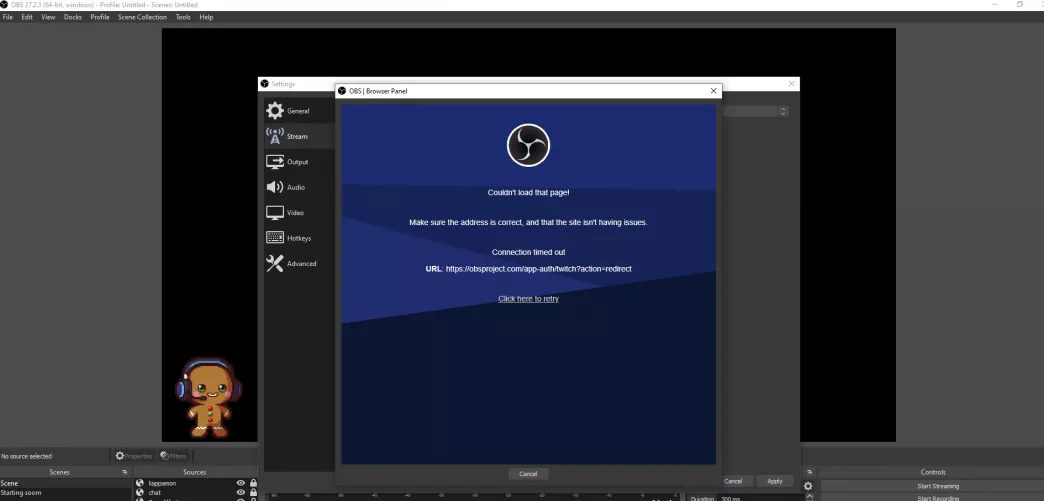 Obs unable to connect to twitch