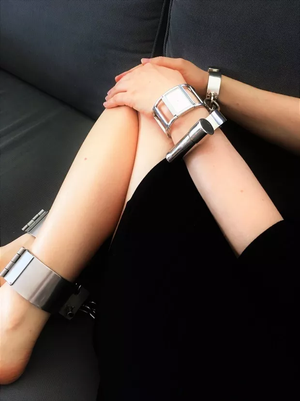 [OC] I have to be chained if I want to watch TV - Darby cuffs and ankle manacles [F]