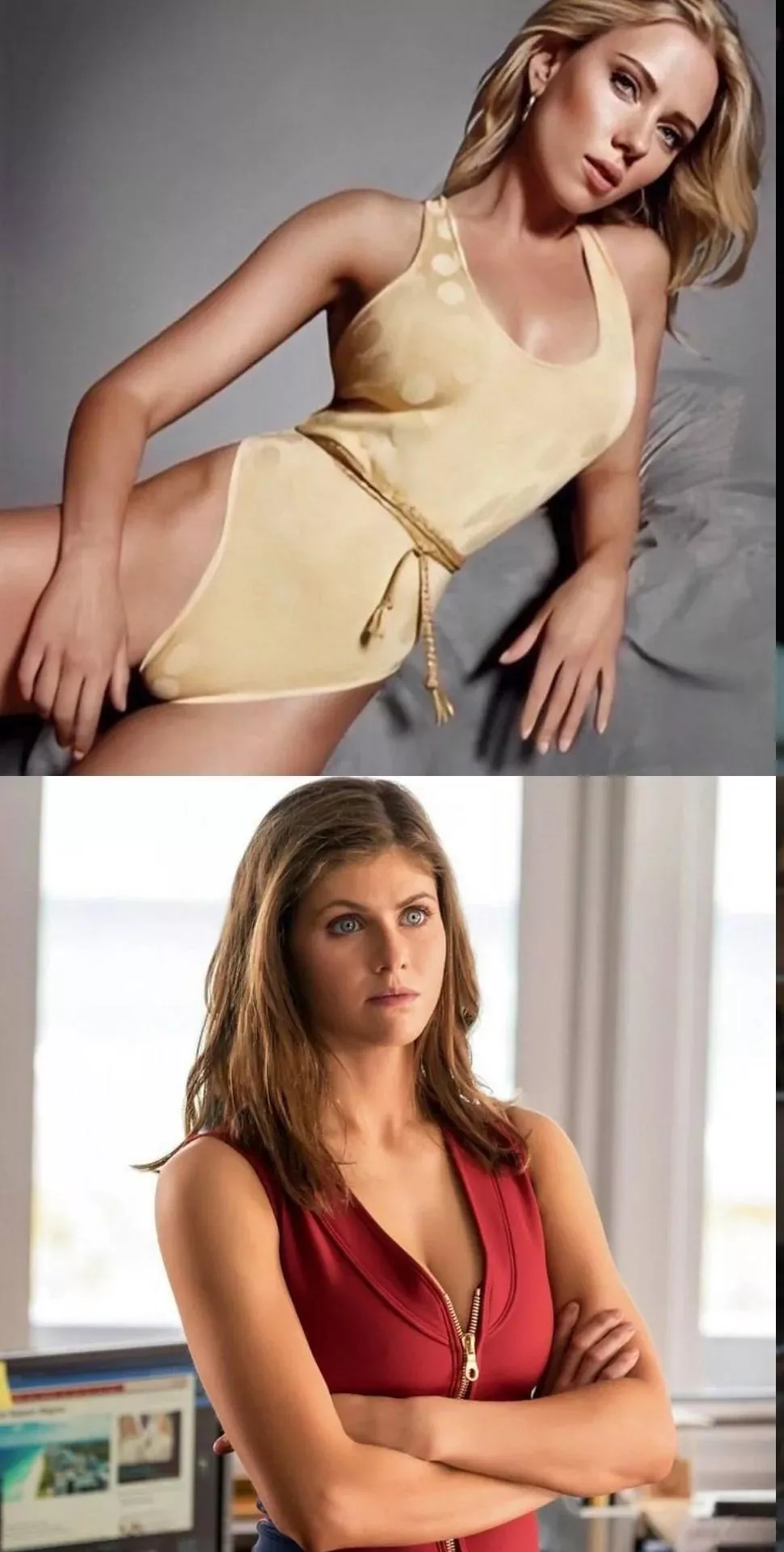 Pick one to have tied up and ball gagged in your bdsm dungeon and anal fuck. Scarlett Johansson or Alexandra Daddario. Explain your choices in the comments.