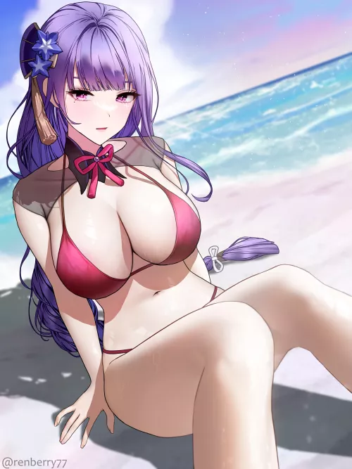 Raiden Shogun sitting on sand (renberry77) [Genshin Impact]