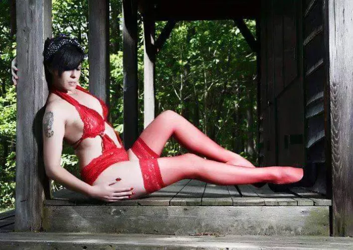 Red lingerie in the woods