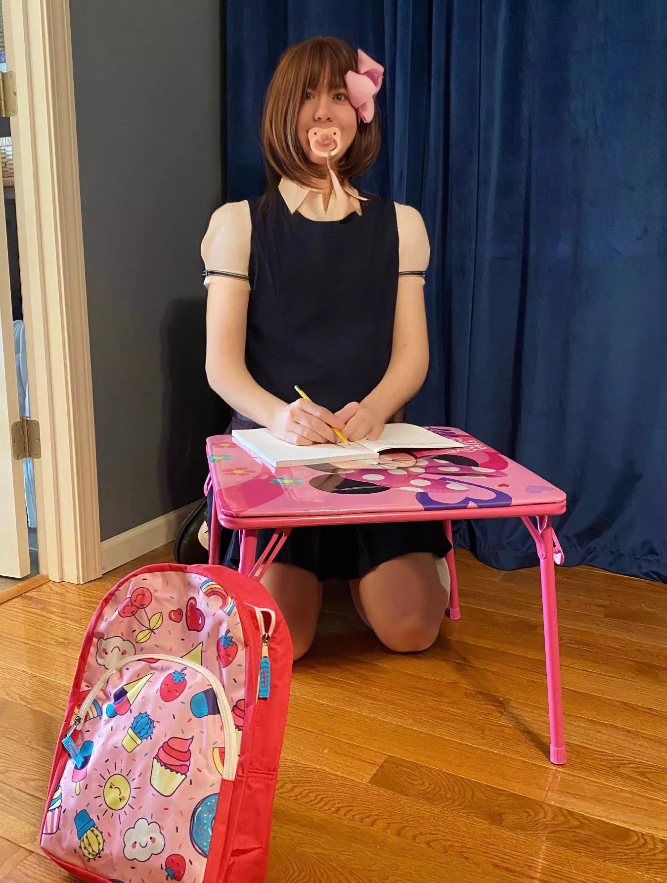 School time with mommy!!☺️✏️📓 I hafta be diapered at school cuz I have accidents sometimes, but my dress hides it mostly