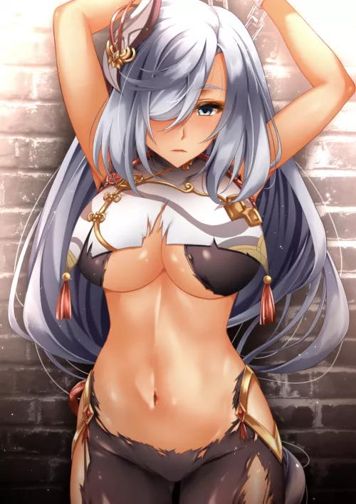 Shenhe captured and bound, ripped clothes, exposed underboob and midriff (とくたん) [Genshin Impact]