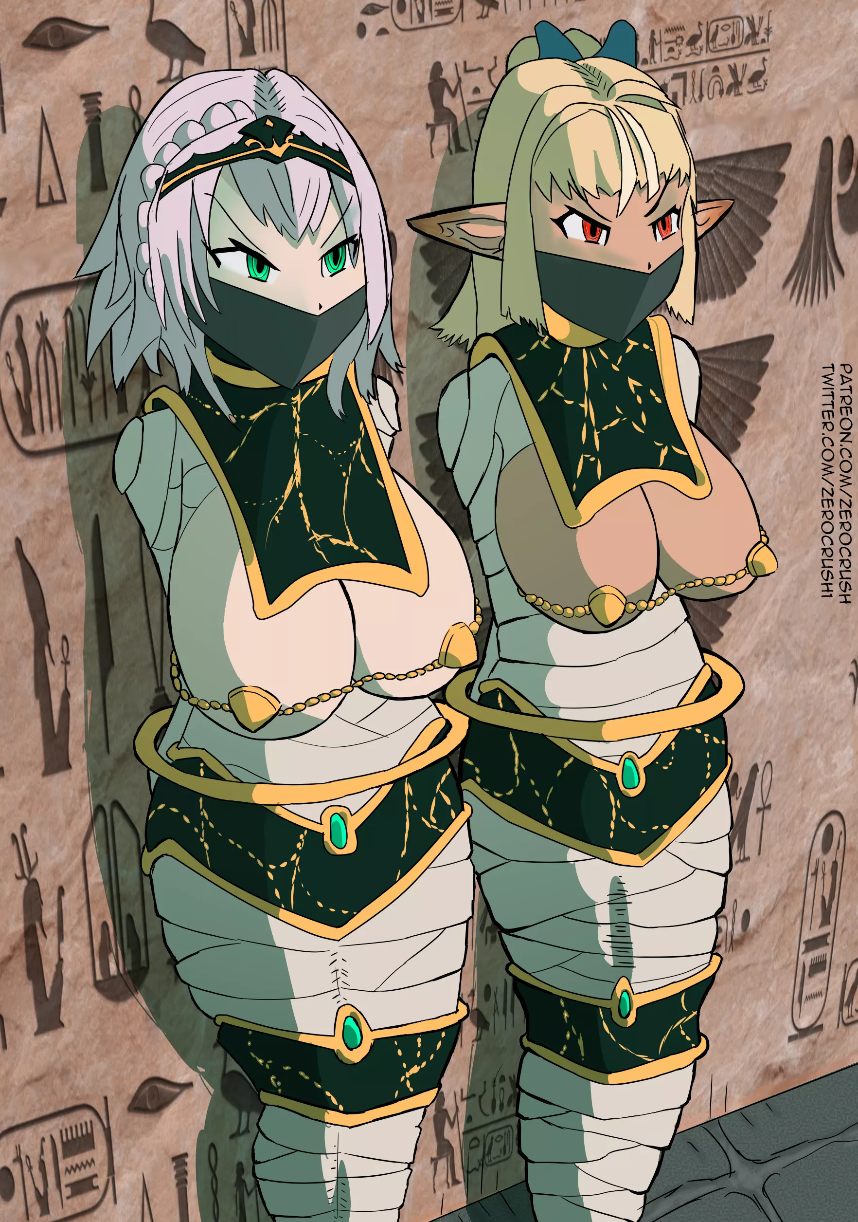 Shirogane Noel and Flare Shiranui in Egyptian peril (art by me)