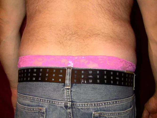 sissy's pink lace thong panties are showing today :)