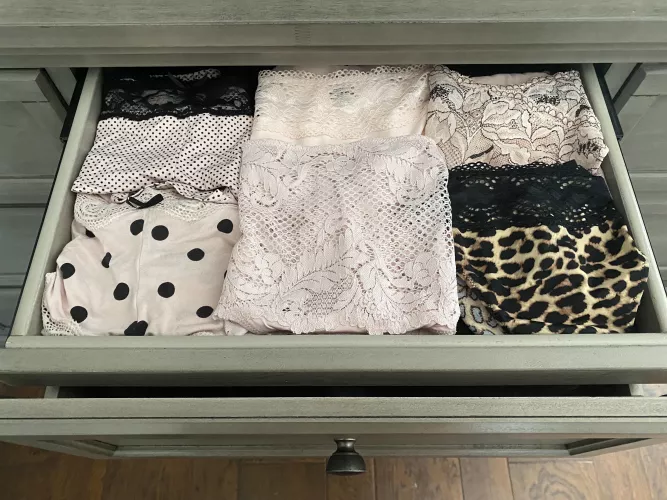 So my wife and I bought new bedroom furniture and the salesman was nice enough to show me a shallow hidden drawer inside of a drawer. She doesn’t know about it. It’s inside of her lingerie drawer and it’s where I store my panties that she doesn’t