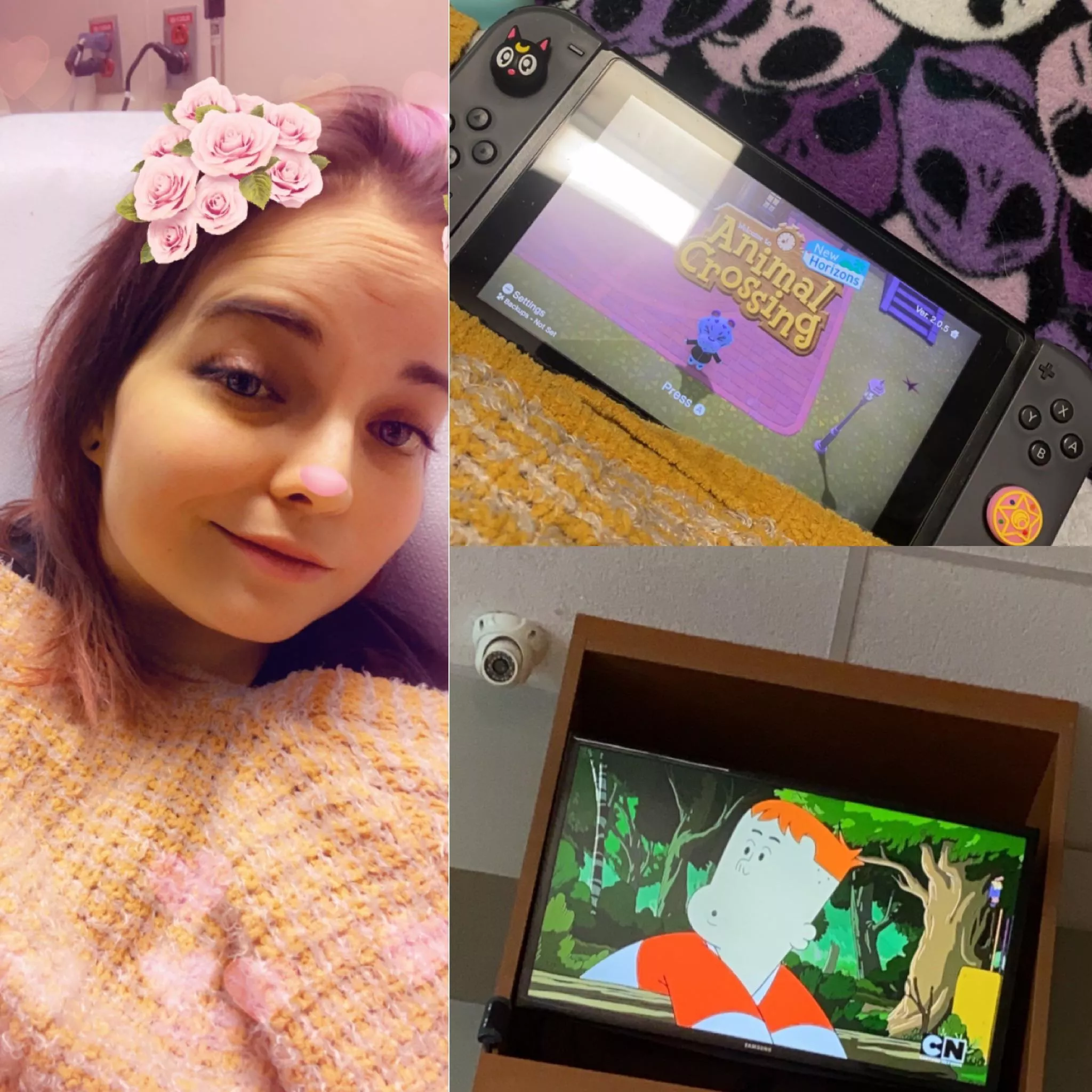 Stuck in the hospital for the unknown future but at least I got Cartoon Network, Animal Crossing and my Nightmare Before Christmas Snuggie!! Get to still feel a little smol 🥺🥺