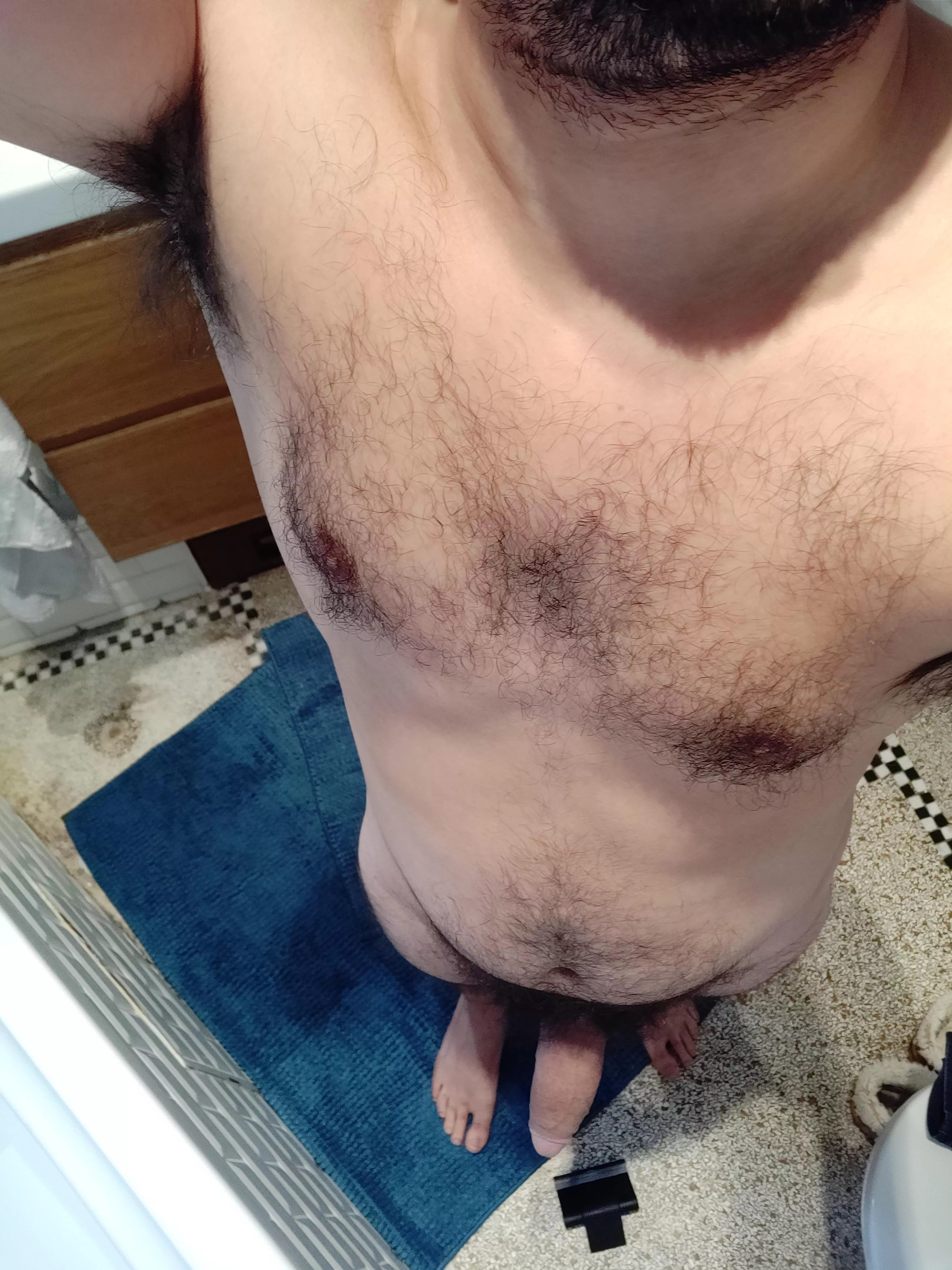 Sweaty workout, hopping in the shower.