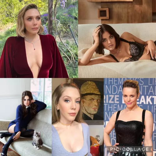 Tease and torment me as I’m desperate to cum for Liz Olsen, Lucy Hale, Mila Kunis, Katherine Ryan and Rachel McAdams!