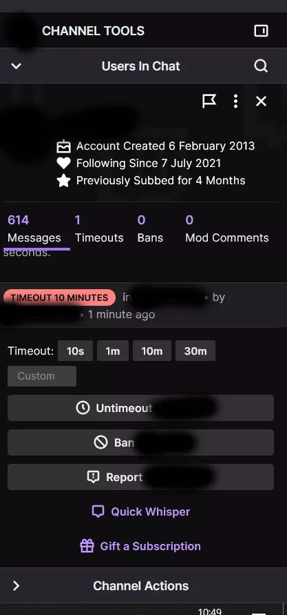 Thank you Twitch for giving us streamlined and easy to use mod tools. I can totally see what is going on here when attempting to check a viewers history while they are in time-out.