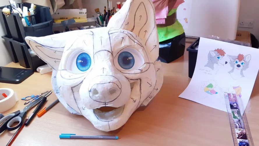 Third ever fursuit head is coming along nicely! Please tell me what you think 👀✨