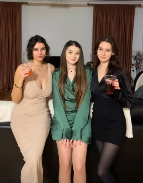 Three brunettes at dinner party