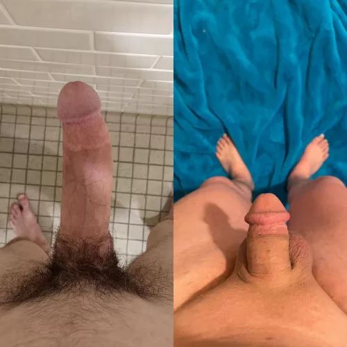 u/RadiumQuantative (Left) has a MASSIVE cock! I don’t think mine (Right) could even be considered a penis when compared...