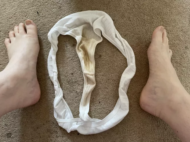 Virgin white cotton thong after four naughty days 😈💦🙈