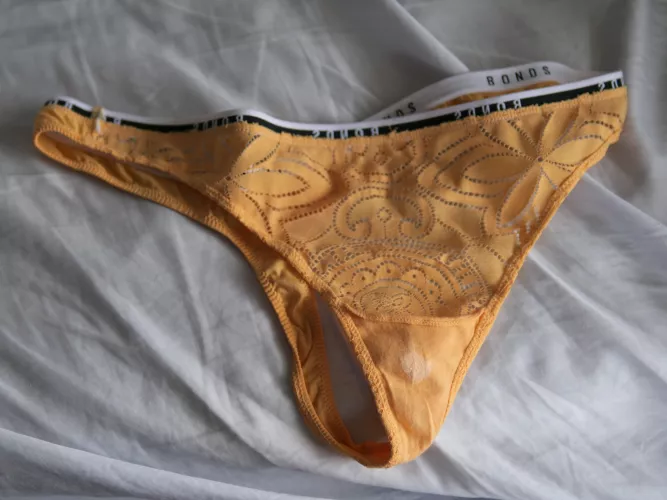 Wife's lacey thong after a day at work under her leggings