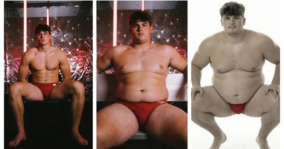2023 --> 2025 --> 2026: College football tight end and former state track & field champion continues the running joke of joining part of the swim team's media day. Aka we get to see the beginnings of a newly fat man