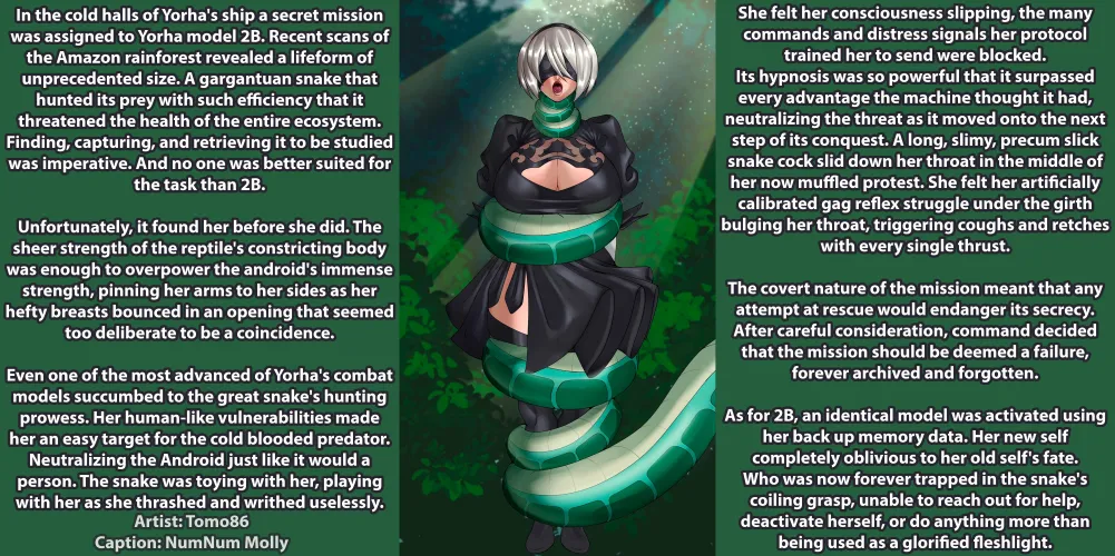 2B Slithered and Hypnotized [Nier][Hypnosis][Asphyxiation][Snake][Deepthroat][Strangling][Kaa][Feral on Android][Commission][Artist: Tomo86]