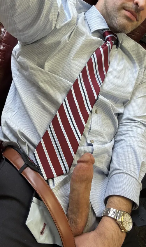 [35] Had to undo the slacks to get my cock out, but it’s still coming out of the underwear’s fly