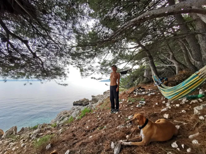 A break by the sea after a long hike